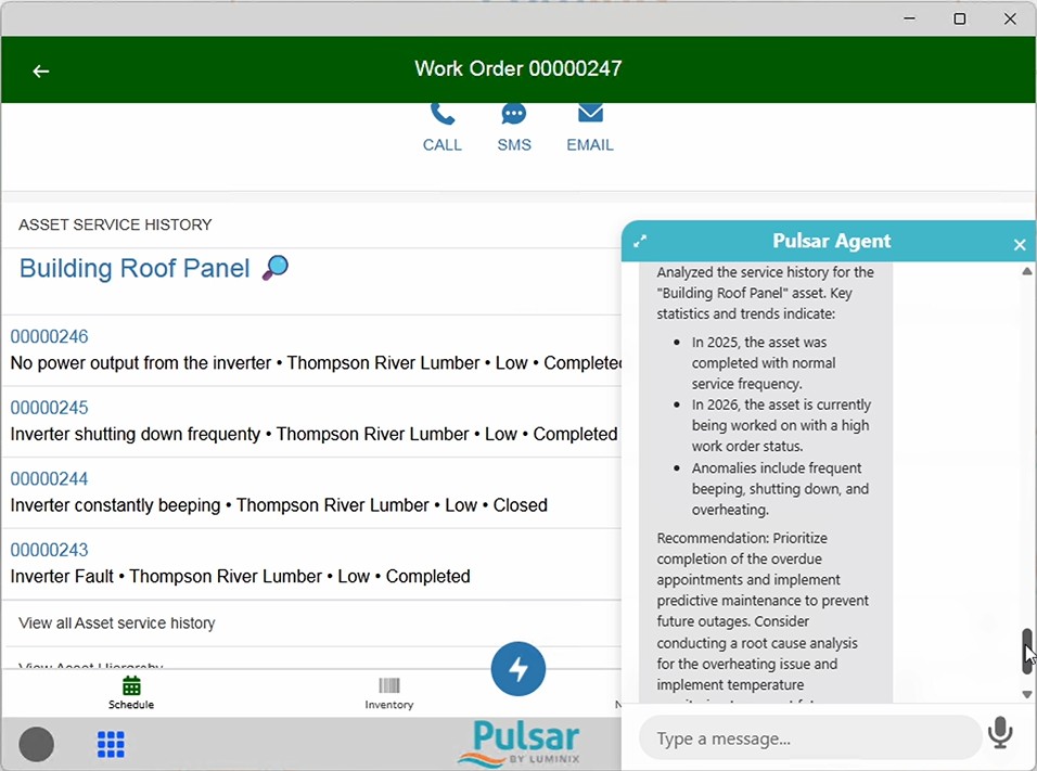 Screenshot of the Pulsar Asset Service History in a work order with Pulsar Agent Insight recommendations