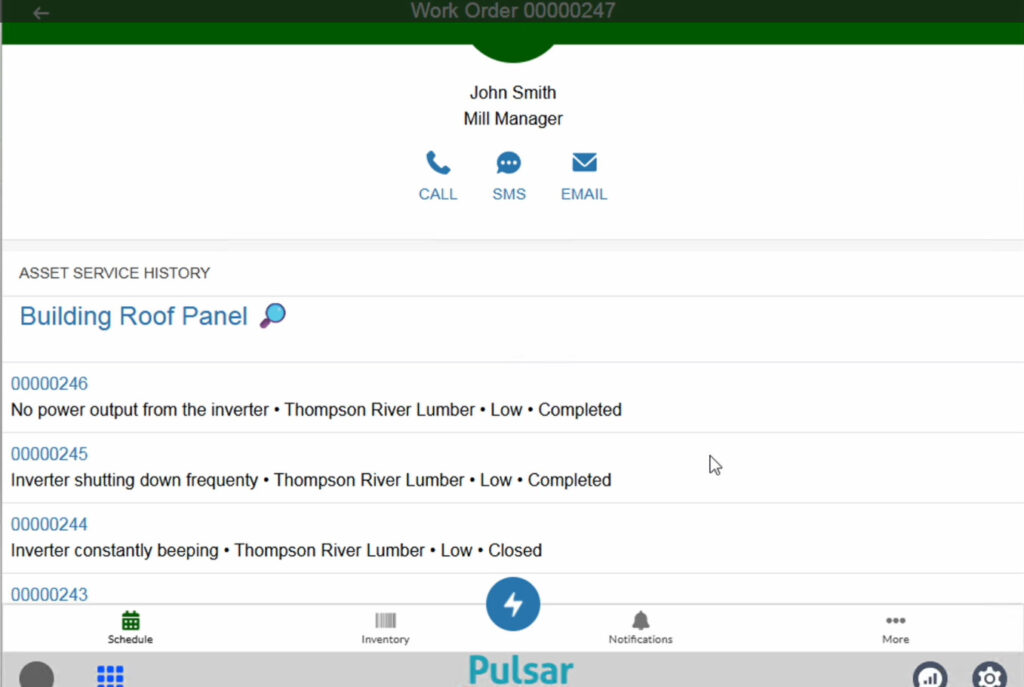 Screenshot of Pulsar Service Appointment Work Order Asset Service History
